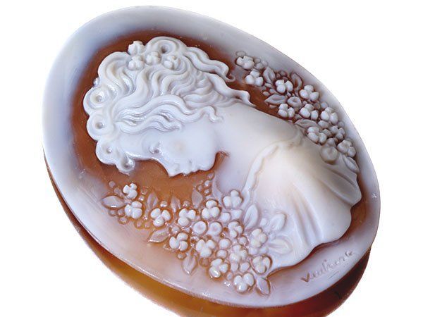 女性と小鳥　シェル　カメオ　ルース シェルカメオルース 大き目サイズ 鳥と二人の少女 作家サイン