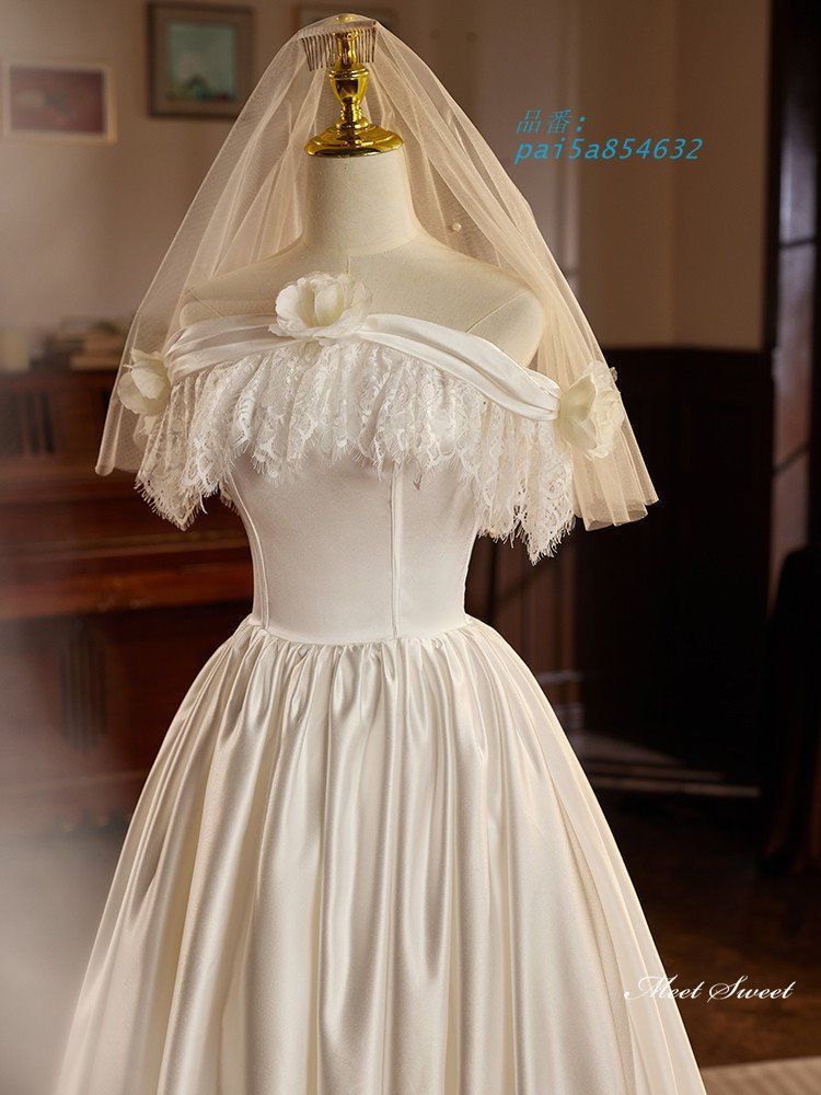 ウェディングドレス ロングドレス プリンセスドレス レトロ Aラインドレス 半袖 ウエディングドレス 結婚式 ブライダル サテン 花嫁 前撮り 上品 二次会 pai5a854632