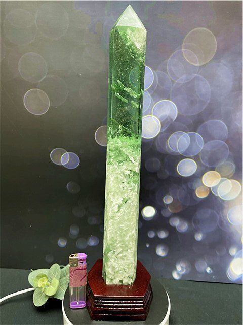約:410mm 1590g超綺麗☆雪花オブシディアン六角柱B86Z2/179Z12B