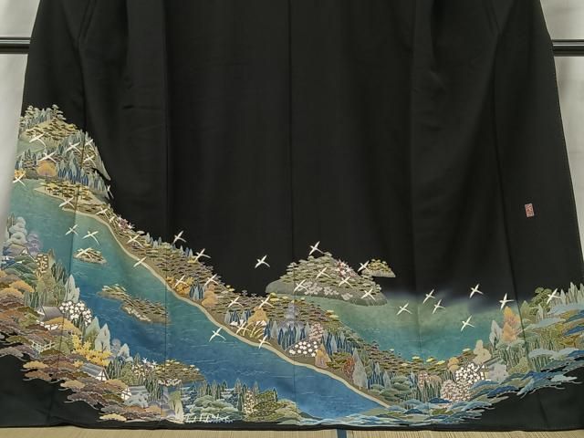 ☆ 訪問着 総絞り 刺繍 花柄模様 蝶々 金彩 黒色 K-4735 訪問着 総絞り 刺繍 花柄模様 蝶々 金彩 黒色 K-4735