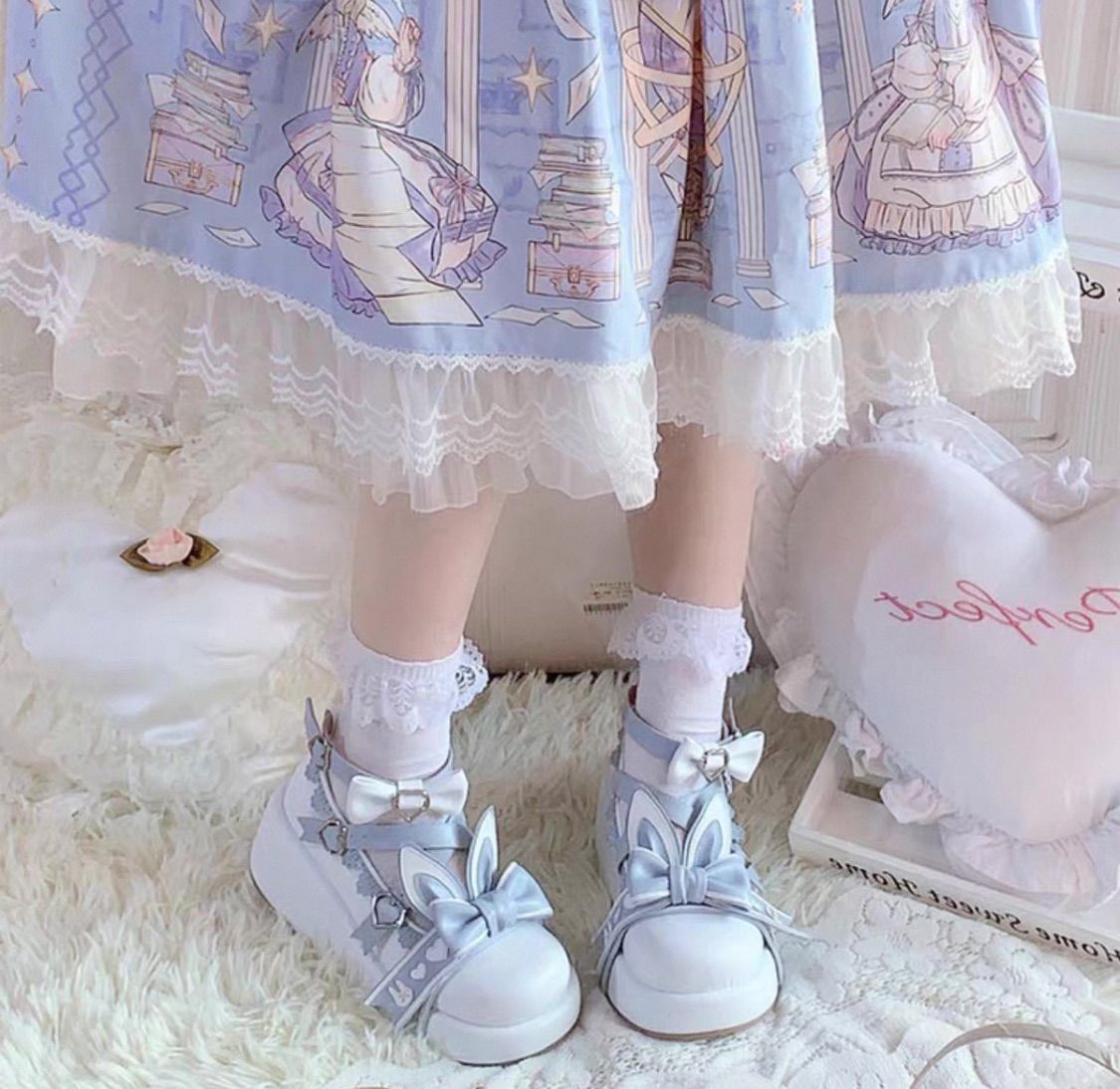 厚底 シューズ うさ耳 リボン パンプス ロリータ 靴 ハートバックル ストラップ ガーリー 甘ロリ 原宿系 地雷系 病みかわいい 白 ホワイト 水色 ブルー コスプレ 可愛い 厚底靴 レディース ファッション ガーリー系 靴 シューズ 水色界隈 天使界隈