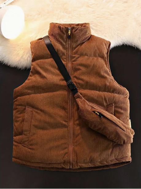 ベスト ダウンベスト ポケット付き 40代 メンズ 大きいサイズ ソリッドストライプ コーデュロイ ノースリーブジャケット アウトドア アクティビティ用 小型クロスボディバッグ付き カジュアル ジップアップベスト クロスボディバッグ ブラウン 茶色