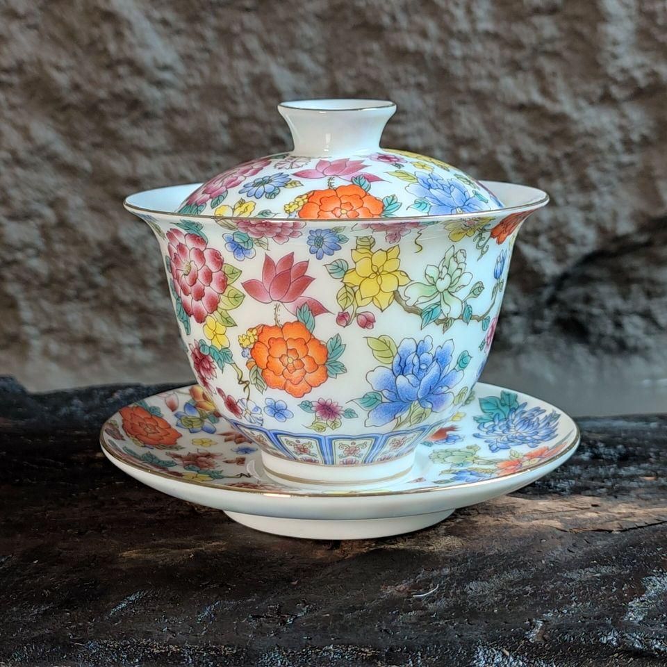 中国茶器 景徳鎮 琺瑯彩万花馬蹄三才蓋碗 茶杯 煎茶器 新品未使用 中国茶器 景徳鎮 琺瑯彩万花馬蹄三才蓋碗 茶杯 煎茶器 新品未