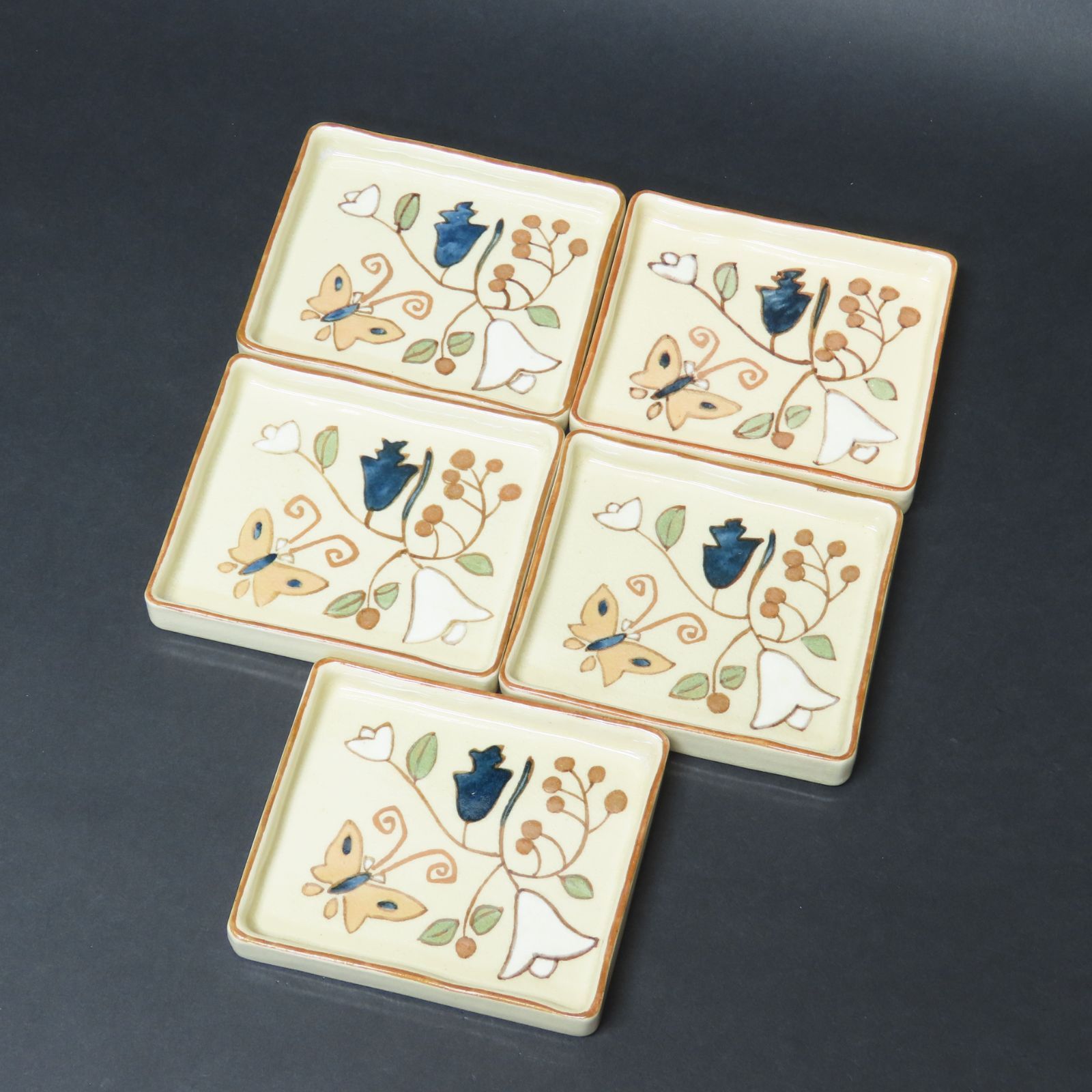 0170 美品 京焼名工 河村蜻山 銘々皿 菓子皿5客 花蝶図 真作保証