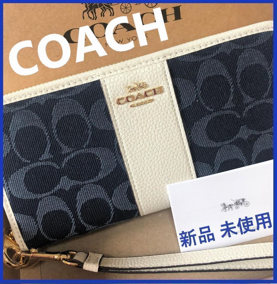 COACH 新品 長財布 メンズ レディース コーチ 濃紺 白 財布 107T-