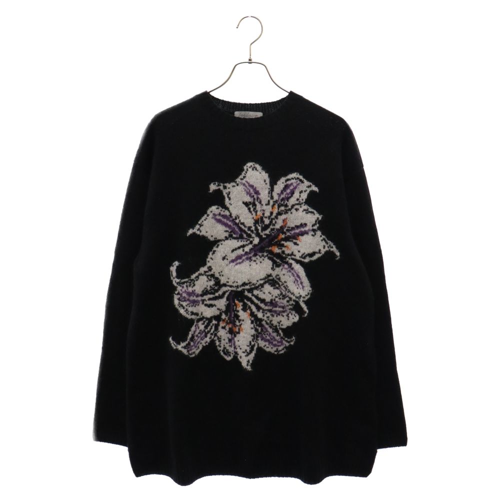 Yohji Yamamoto POUR HOMME (ヨウジヤマモト プールオム) 22AW 7G FLOWER INTERSIA JACQUARD CREW NECK フラワージャカード クルーネックニット セーター ブラック HE-K28-983