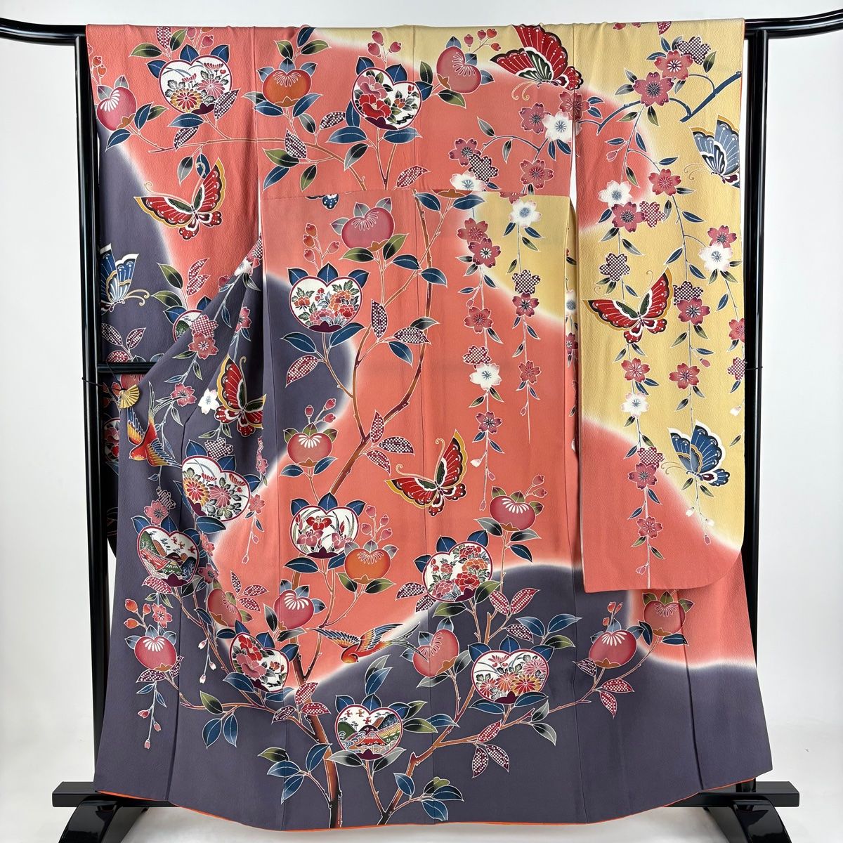振袖 身丈161cm 裄丈64cm M 袷 橘花 蝶 染め分け ぼかし ピンク 正絹 名品
