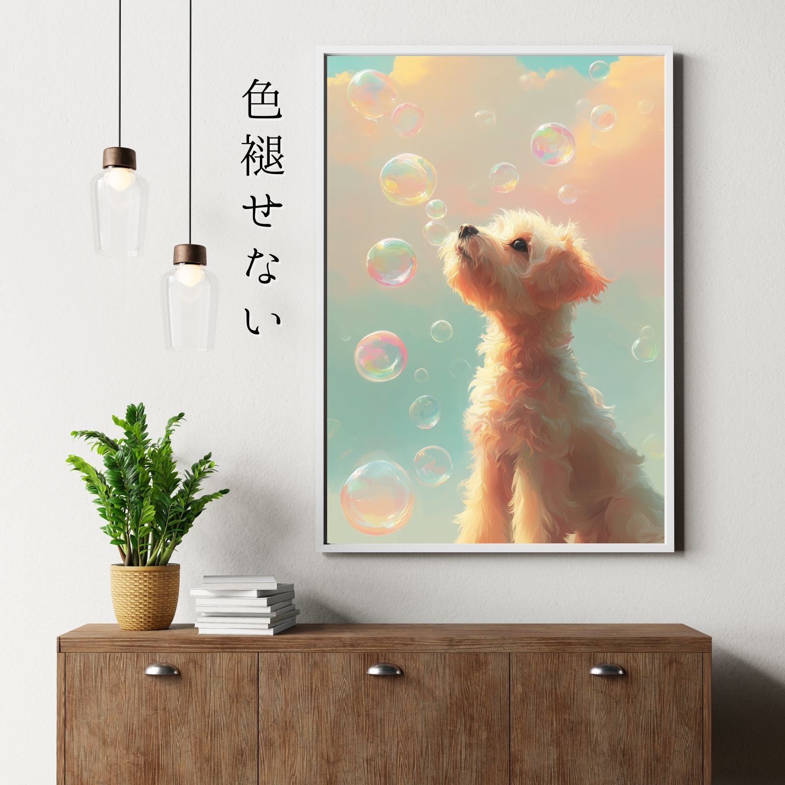 代引OK! 名入れOK 犬とシャボン玉 - マルプー犬 No.2 マルチーズ-トイプードル アートポスター ペットロス うちの子記念日 北欧 ナチュラル