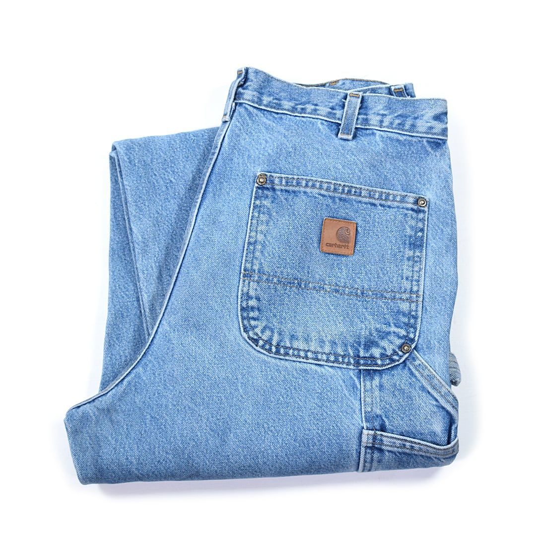 カーハート メキシコ製 ダブルニー デニム ペインターパンツ ブルー ワークパンツ CARHARTT メンズW34 古着 @EZ0794