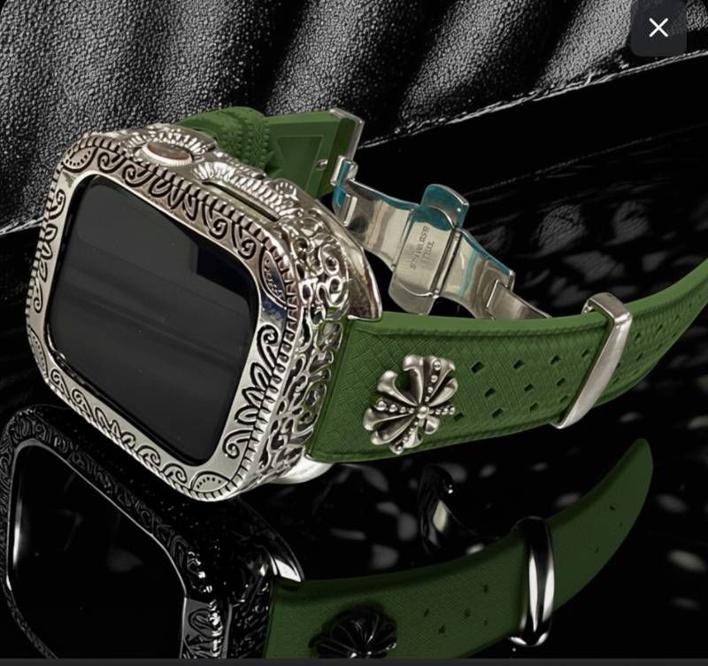 ハーバル AppleWatch用フッ素ラバー バンド コンチョ アラベスクカバー ケース アップルウォッチ用 カスタムバンド 44 45 46 49 SE Ultra