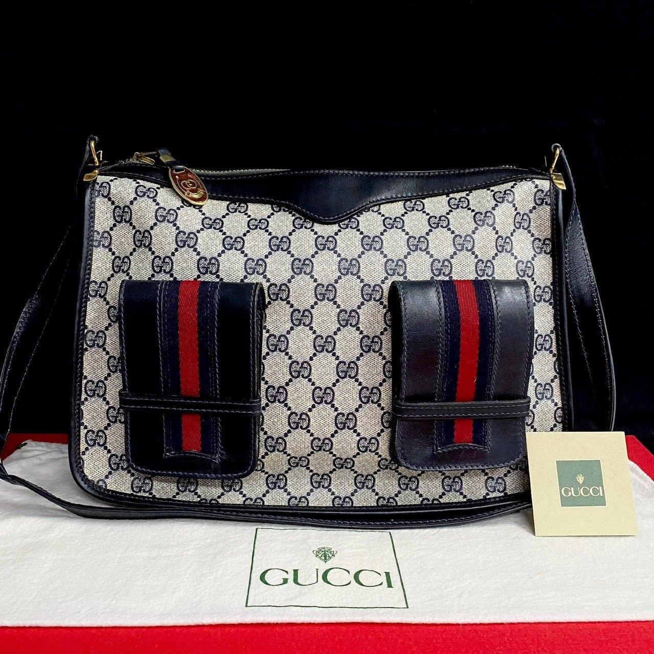 極 美品 GUCCI グッチ オールドグッチ ヴィンテージ シェリーライン GG 柄 レザー 本革 ショルダーバッグ サコッシュ ネイビー 30915  - メルカリ