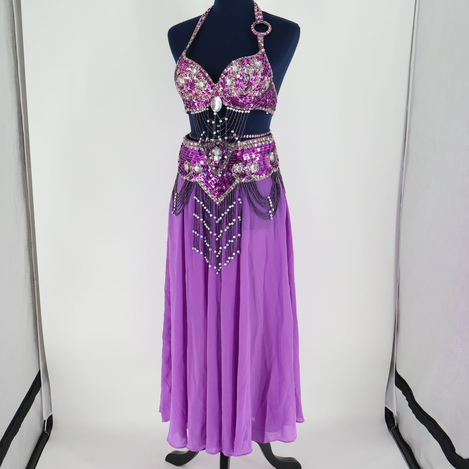 ベリーダンス用 オリエンタル衣装】パープル スパンコールラメ×ビーズ
