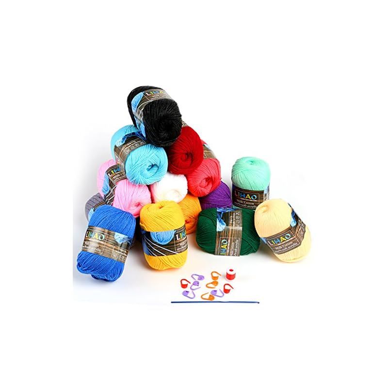 LIHAO 毛糸 50g±2g玉巻(約160m) 全15色 アクリル 棒針キャップ かぎ針 段数マーカー付き クリスマスプレゼント