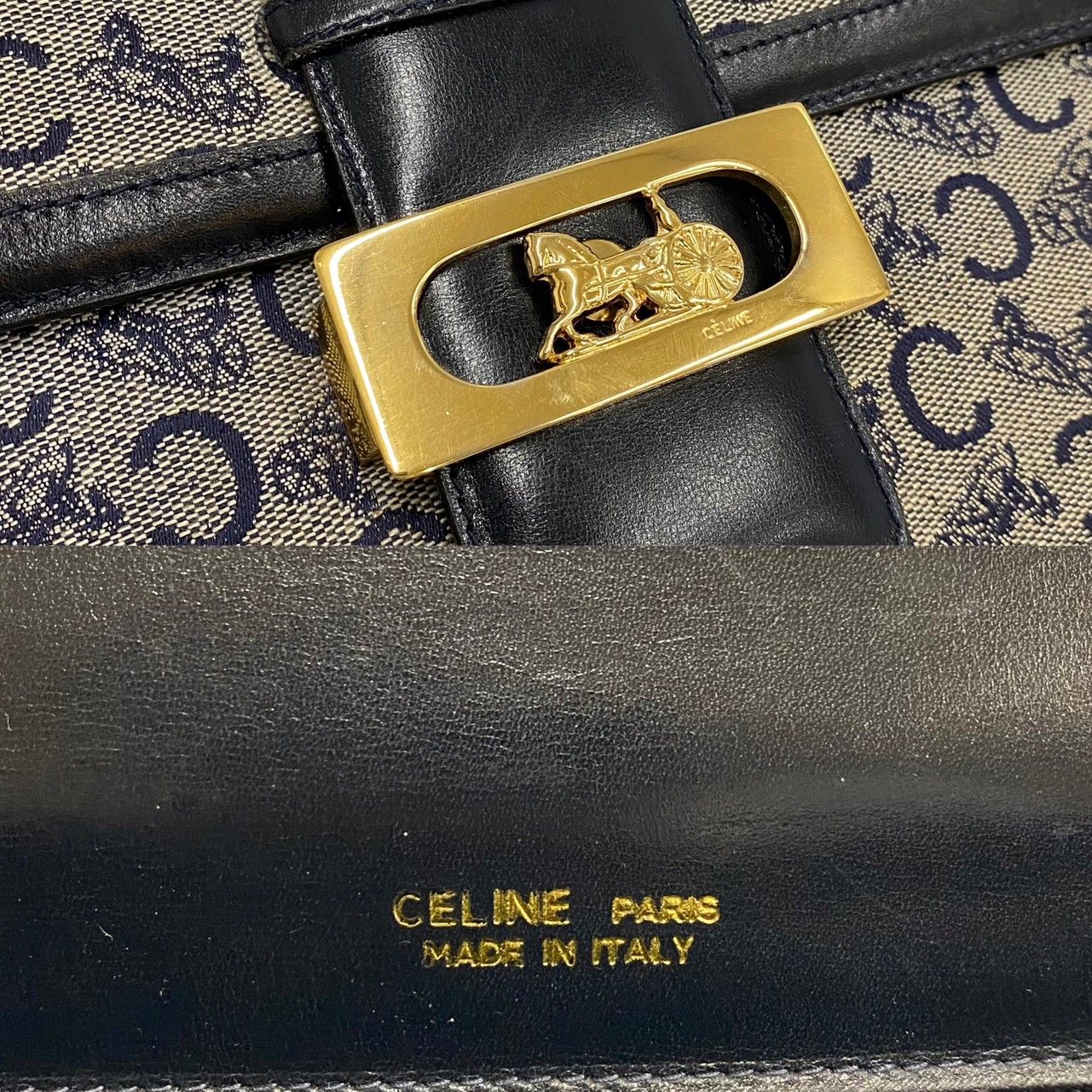 極 美品 CELINE セリーヌ Cマカダム 柄 馬車金具 レザー 本革 キャンバス ミニ ショルダーバッグ ポシェット サコッシュ ネイビー 90921