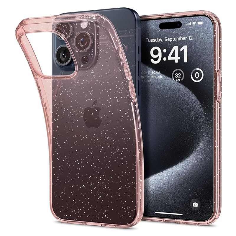 Spigen iPhone 15 Pro ケース クリア キラキラ ラメ入り 薄型 耐衝撃 軽量 米軍MIL規格取得 黄変抑制 レンズ保護 指紋防止 擦り傷防止 ワイヤレス充電対応 リキッド・クリスタル ACS06702 (ローズ・ク