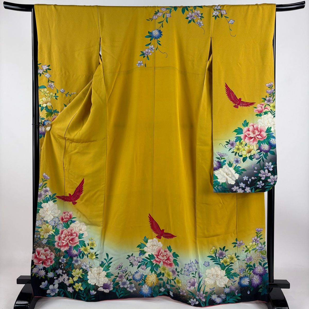 振袖 身丈167.5cm 裄丈66.5cm M 袷 草花 鳥 金彩 ぼかし からし色 正絹 名品