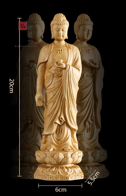 修縁堂】木彫り 仏像 阿弥陀三尊立像 柘植材 仏教工芸 精密彫刻 仏壇