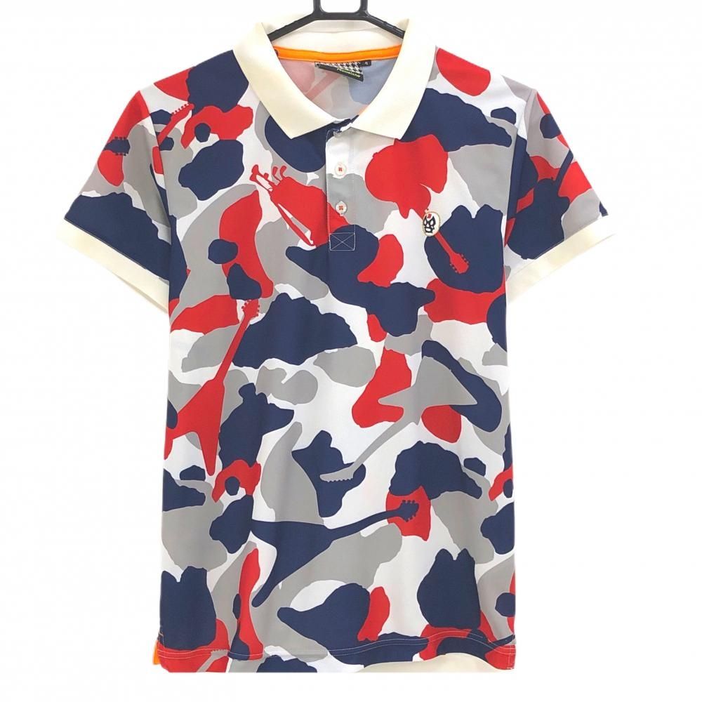 ラッセルノ ゴルフ ルチャマスクロゴ 半袖 ポロシャツ ウエア 定2.2万 6 ラッセルノ 半袖ポロシャツ レッド ロゴシルバー ルチャマスク メンズ