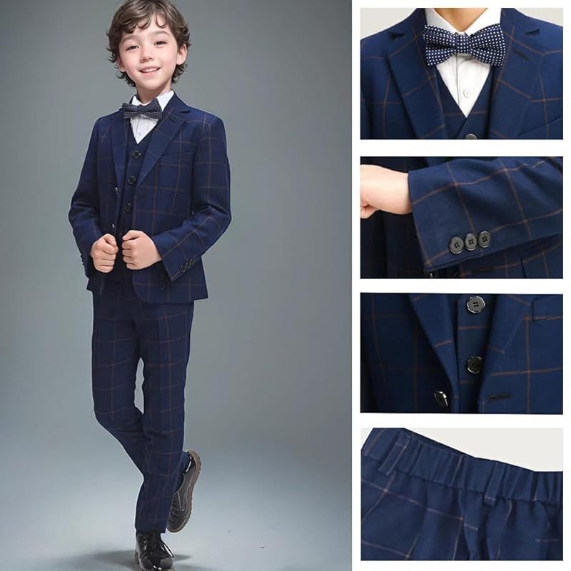 【週替わりSALE】 alice-eshop 男の子スーツ キッズ 子供フォーマル おしゃれ5点セット ベスト ジャケット ズボン 蝶ネクタイ 赤いブローチ 発表会 結婚式 七五三 入園式 卒園式 卒業式 紳士服 男児 90-170cm