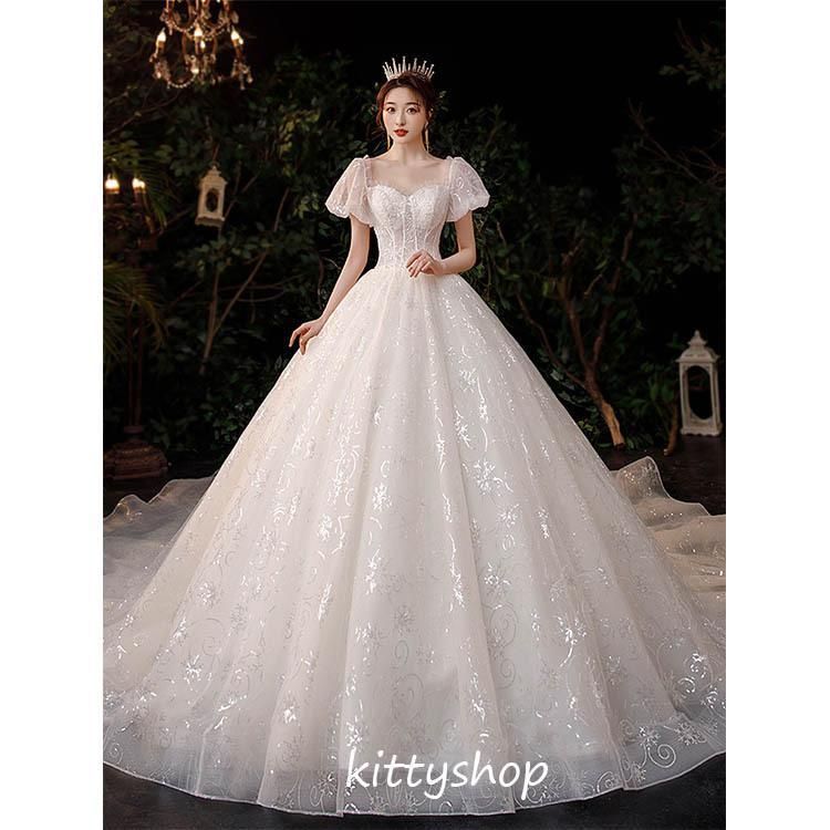 白 花嫁ドレス スパンコール キラキラ キレイめ 結婚式ドレス 二次 ドレス 