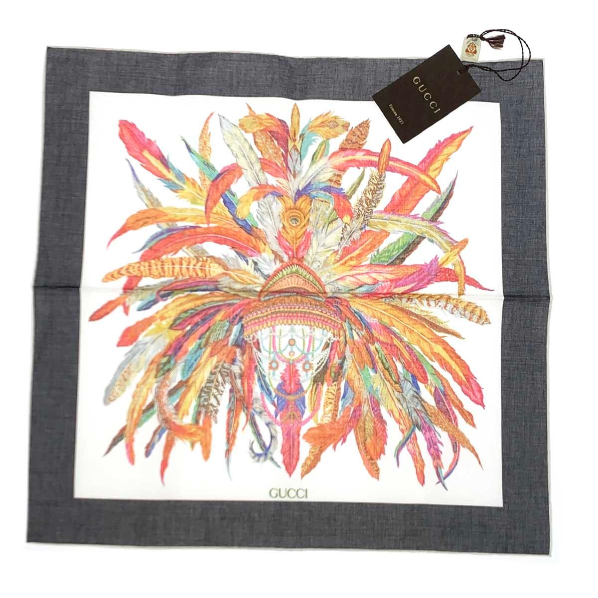 GUCCI グッチ ミニスカーフ ホワイト フェザー 羽 コットン100％ レディース 240001089429