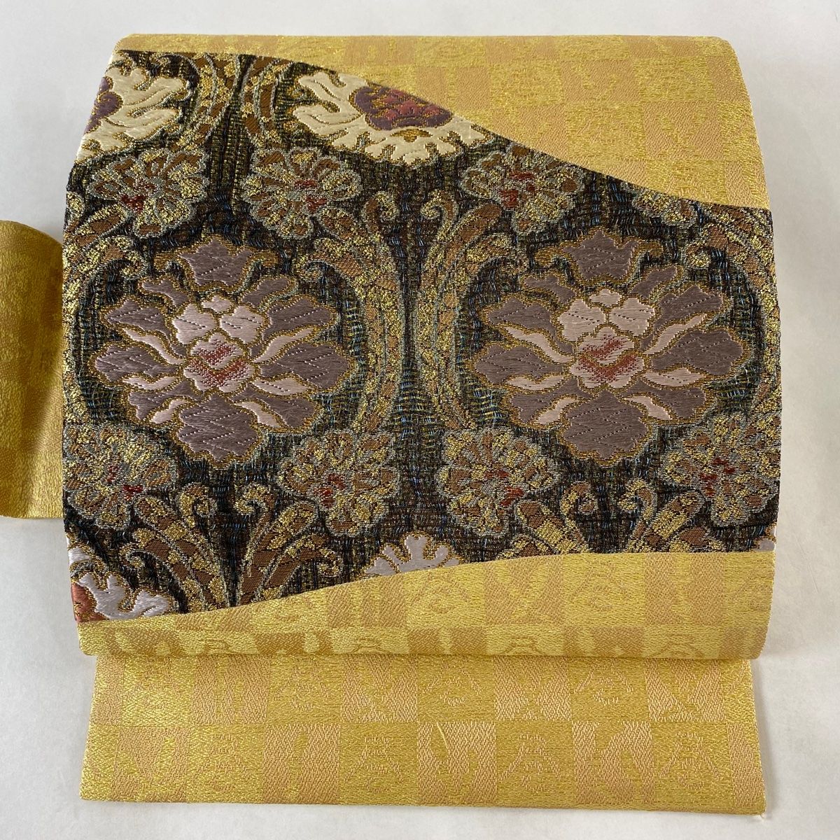 名古屋帯 草花 市松 刺繍 金銀糸 金色 正絹