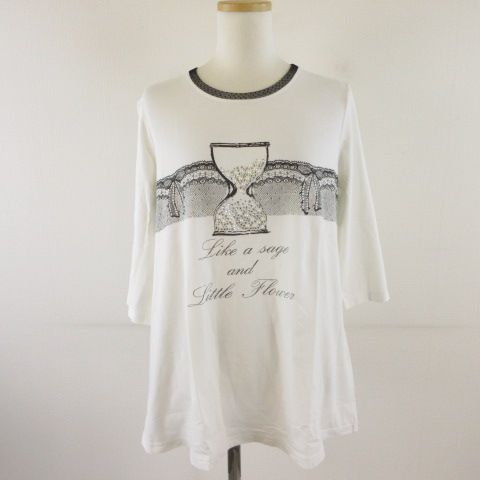 インポートロッサ Rossa カットソー Tシャツ 七分袖 チュール プリント ラインストーン 白 44 *T454 レディース インポートロッサ Rossa カットソー Tシャツ 七分袖 チュール