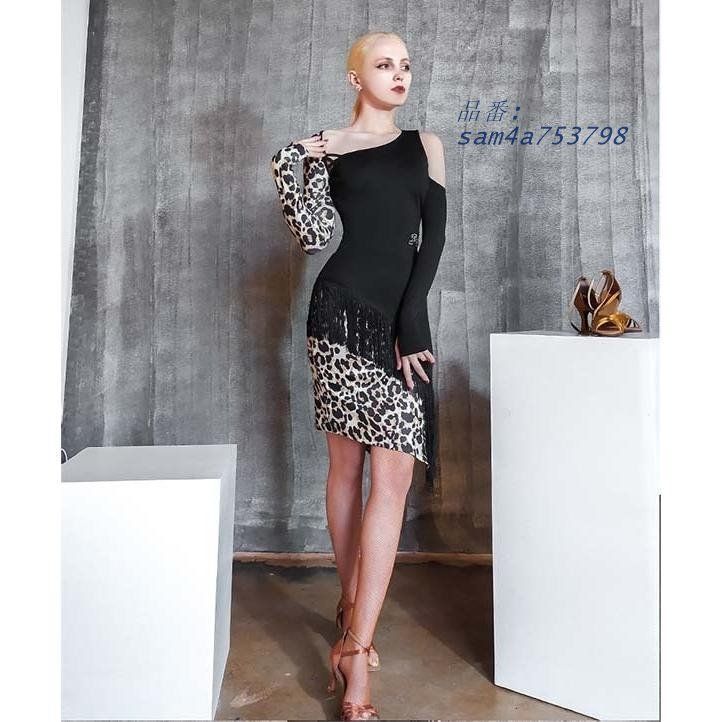 社交ダンス ラテンドレス 演出用 練習着 ドレス ワンピース ヒョウ柄 長袖 パッド付き 衣装 オフショルダー ステージ ダンスウェア 肩出し am4a753798