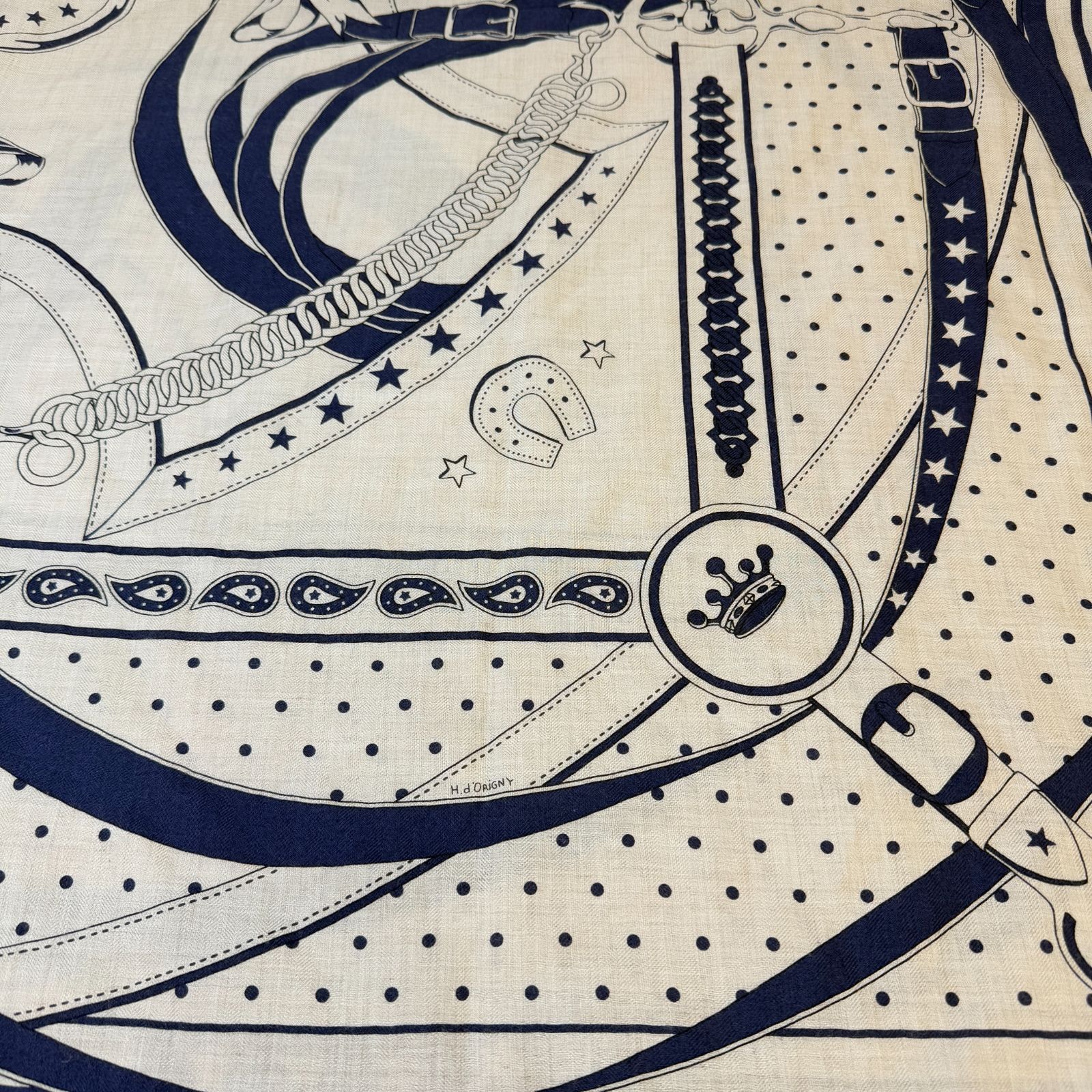 鑑定済み エルメス カレジェアン 140 朝の散歩 ベージュ ネイビー カシシル バンダナ スカーフ