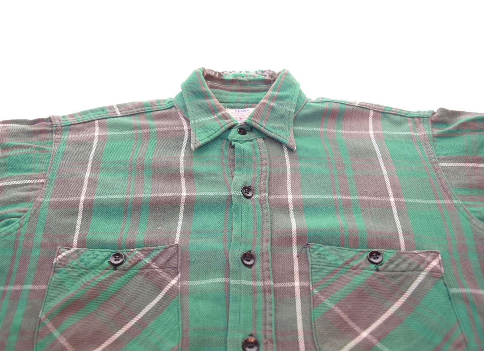 50s 60s sears マチ付き ネルシャツ 15½ グリーン シアーズ Sears ROEBUCK 50s ネルシャツ マチ付き 皿ボタン 50's