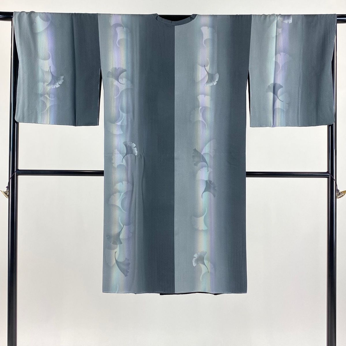 道行 身丈114cm 裄丈67cm M 和装コート 角衿 リバーシブル 銀杏 シルエット ぼかし 銀彩 灰色 正絹 名品