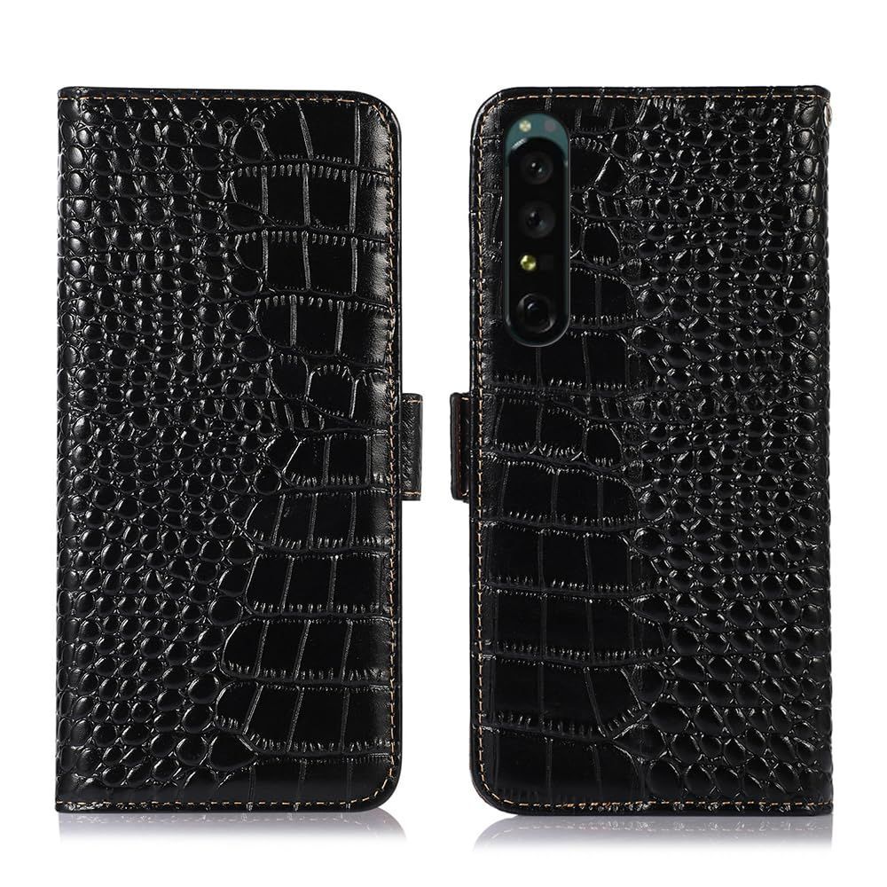 【人気商品】Xperia 1 IV SOG06 ケース 手帳型 本革 ワニ柄 エクスペリア 1 IV SO-51C 牛革 財布型 鰐柄 クロコダイル柄 耐衝撃 [RFIDブロッキング] カード収納 マグネット式ボタン 横置きスタンド機能