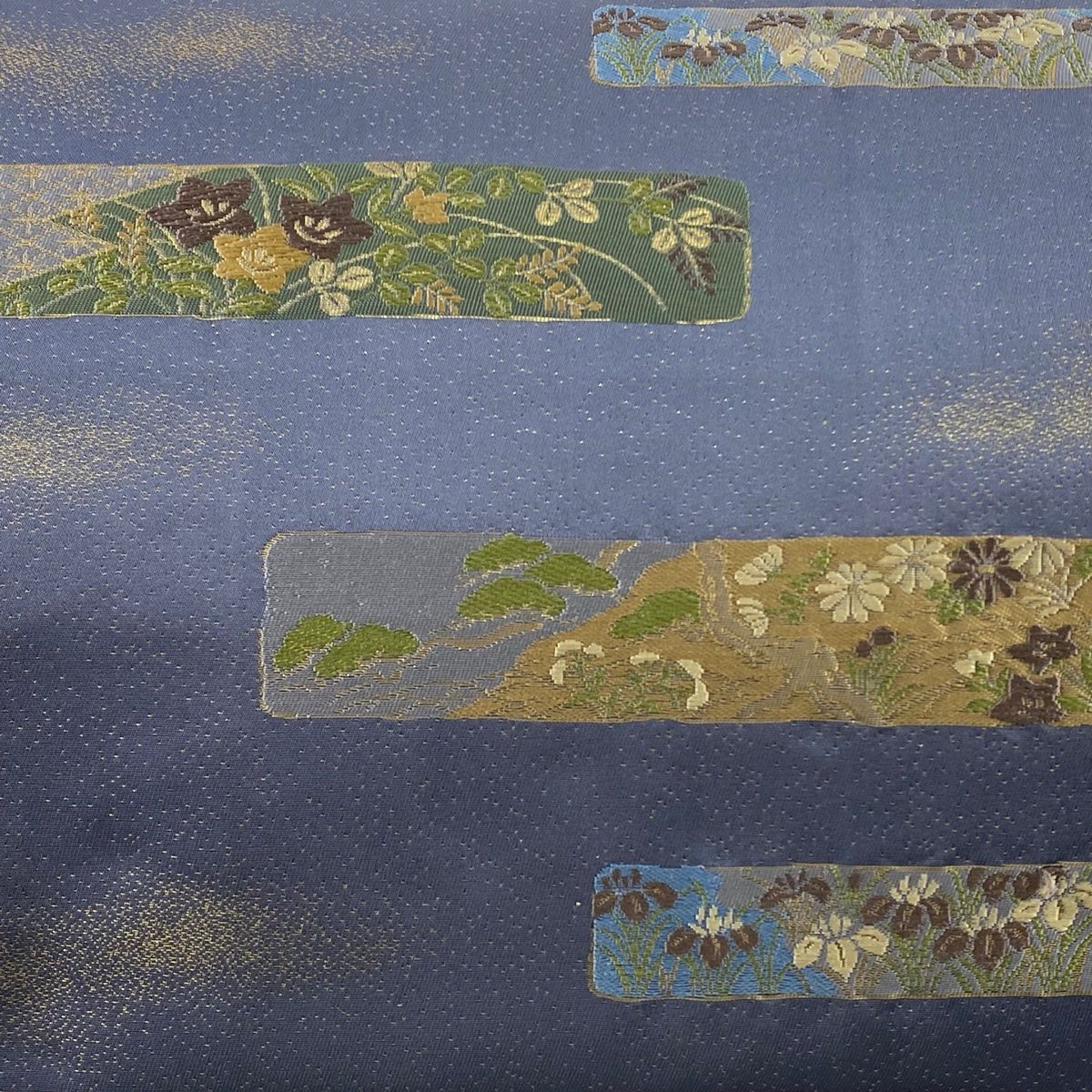 名古屋帯 秀品 比翼仕立て 松 菊 箔 青灰色 正絹