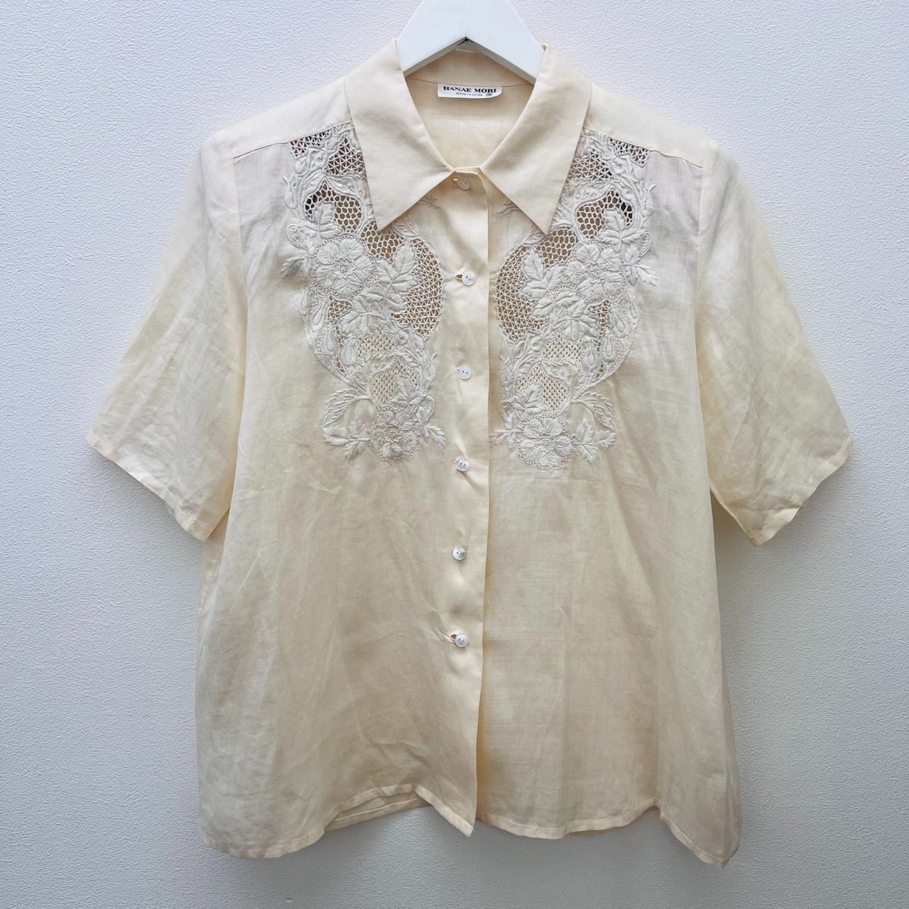 HANAE MORI ハナエモリ 森英恵 半袖 ブラウス 刺繡 麻100