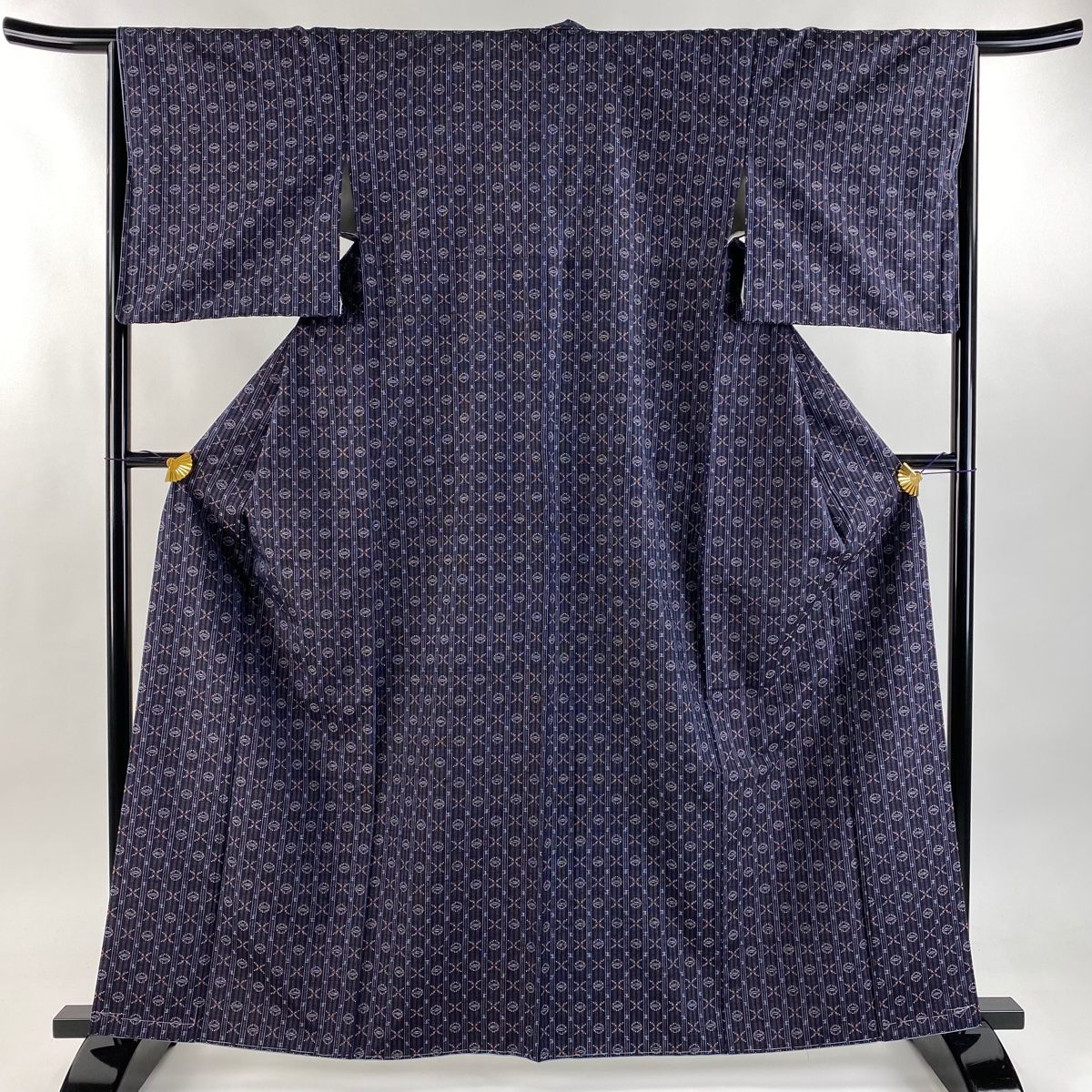 美品】 紬 身丈162.5cm 裄丈66cm M 袷 読谷山花織 証紙 縞 幾何学模様