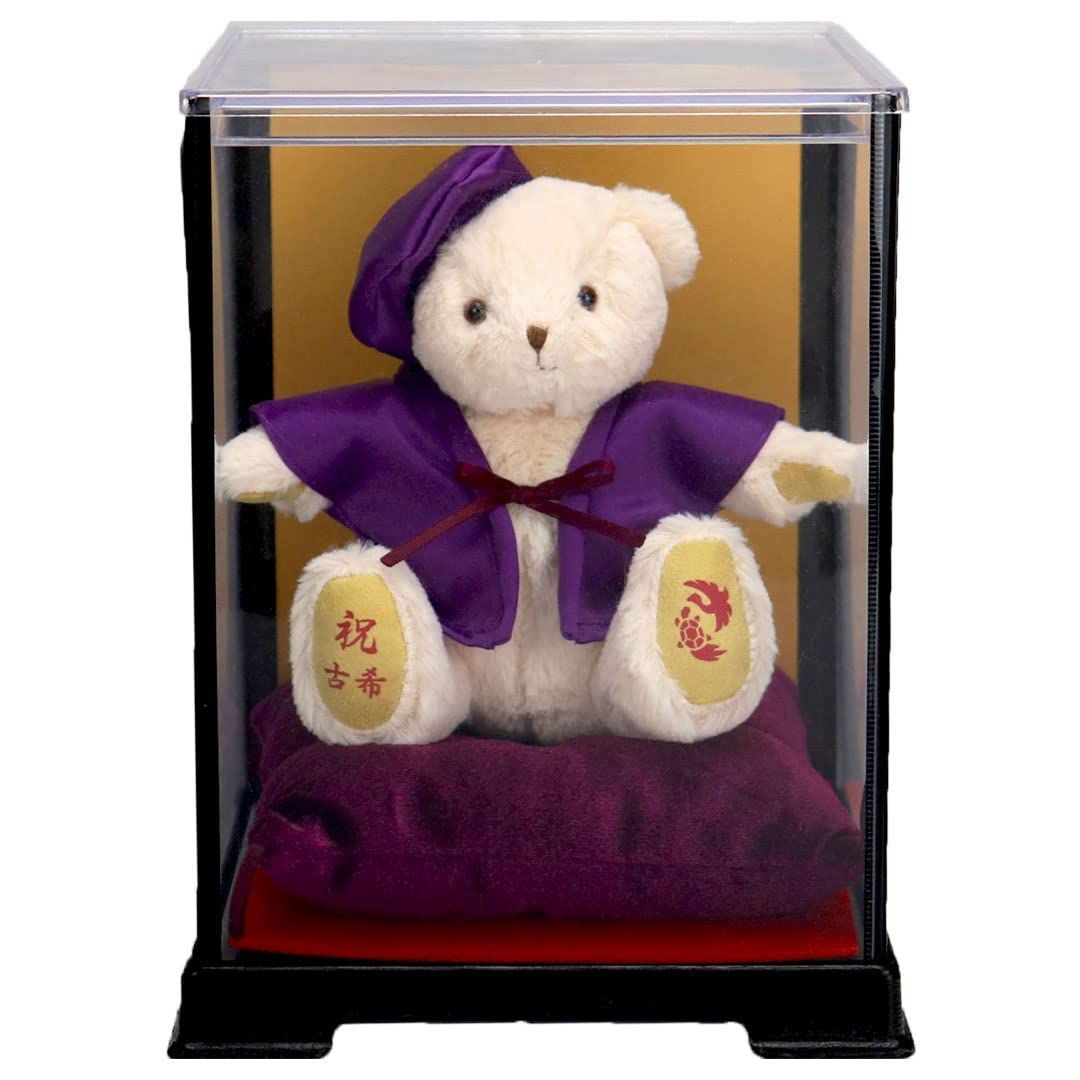 プティルウ古希に贈る、紫ちゃんちゃんこを着たお祝いテディべア(金屏風 フレグランスソープフラワー) 絆を深める応援団 古希のお祝い 女性 紫のちゃんちゃんこを着た 古希
