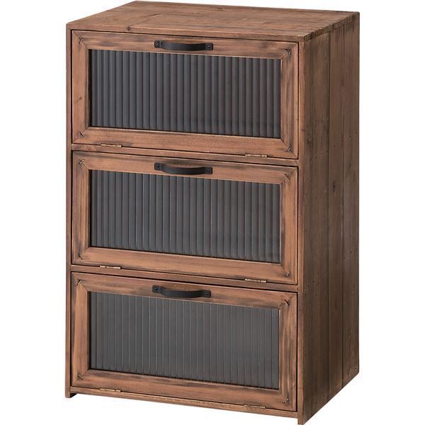 棚 収納棚 リビング収納 幅40cm 3段 木製 杉 波板ガラス戸 フラップ