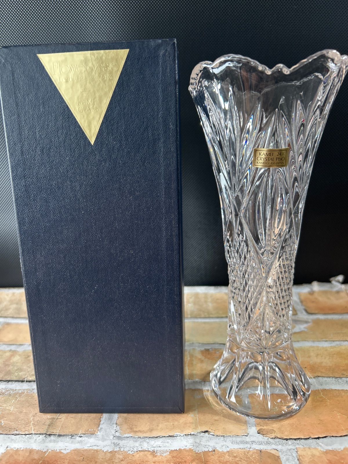 Lead Crystal24%　カメイガラス　フラワーベース(花瓶)【レトロ品】 カメイガラスのフラワーベースI/緑/丸/昭和レトロ/花瓶 | 骨董