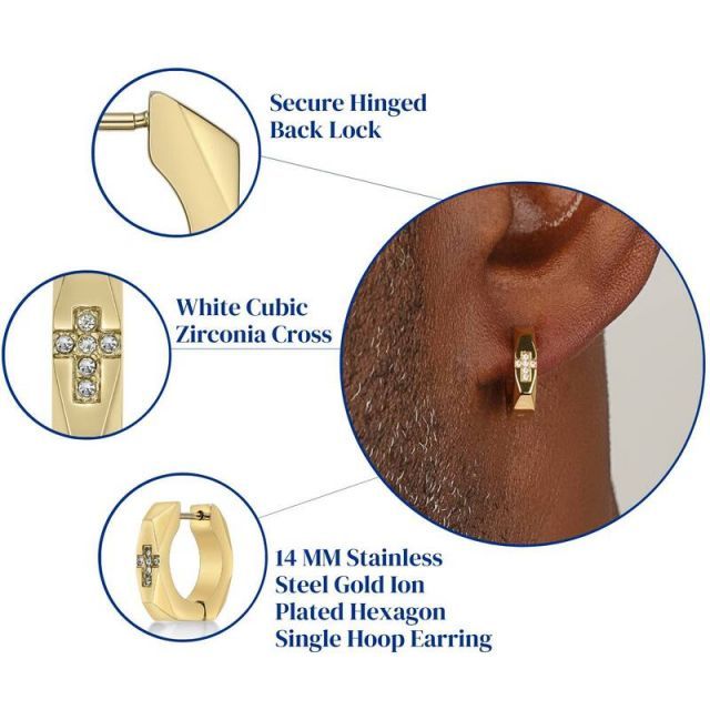 リンクス メンズ ピアス イヤリング Men s LYNX Cubic Zirconia Cross Stainless Steel Hoop Earring