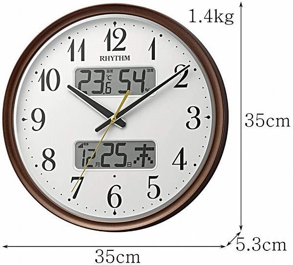 送料無料】リズム 掛け時計 茶 34x5.3cm 電波 アナログ 連続秒針 温度