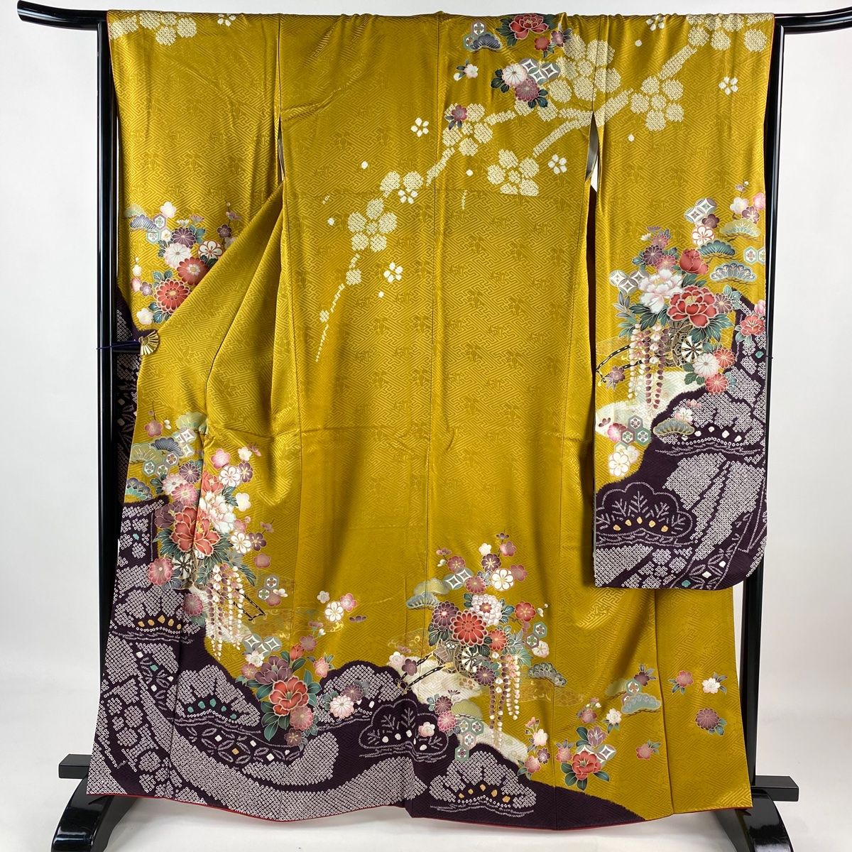 振袖 身丈162cm 裄丈66.5cm M 袷 花車 松梅 金糸 絞り 山吹茶色 正絹  