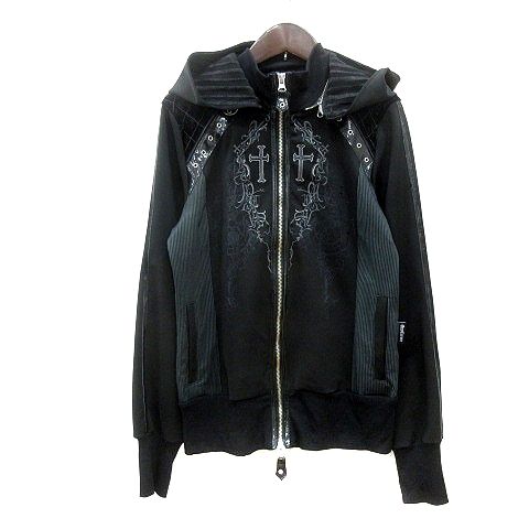 【美品】OzzCroce　オッズクローチェ　パーカー　ベロア　刺繍　十字架　黒 美品】OzzCroce オッズクローチェ パーカー ベロア 刺繍 十字架