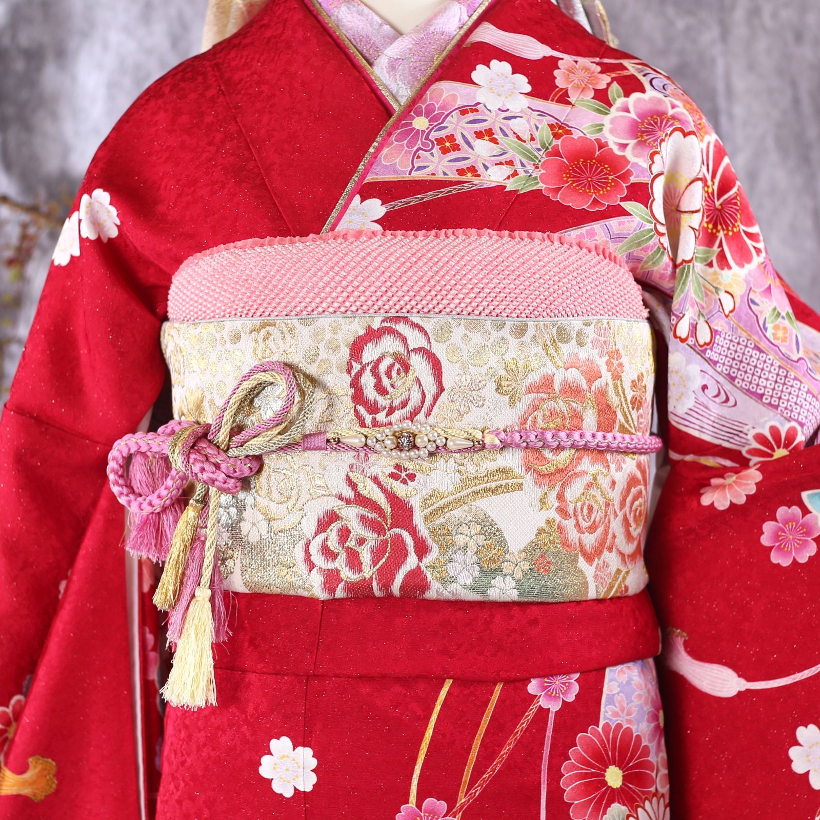 振袖フルセット 振袖セット 振袖 LLトールサイズ 赤×熨斗 美品 成人式 着物 晴れ着 6点セット KFN-68 振袖フルセット 振袖セット 振袖 LLトールサイズ 中古 赤×熨斗 美品