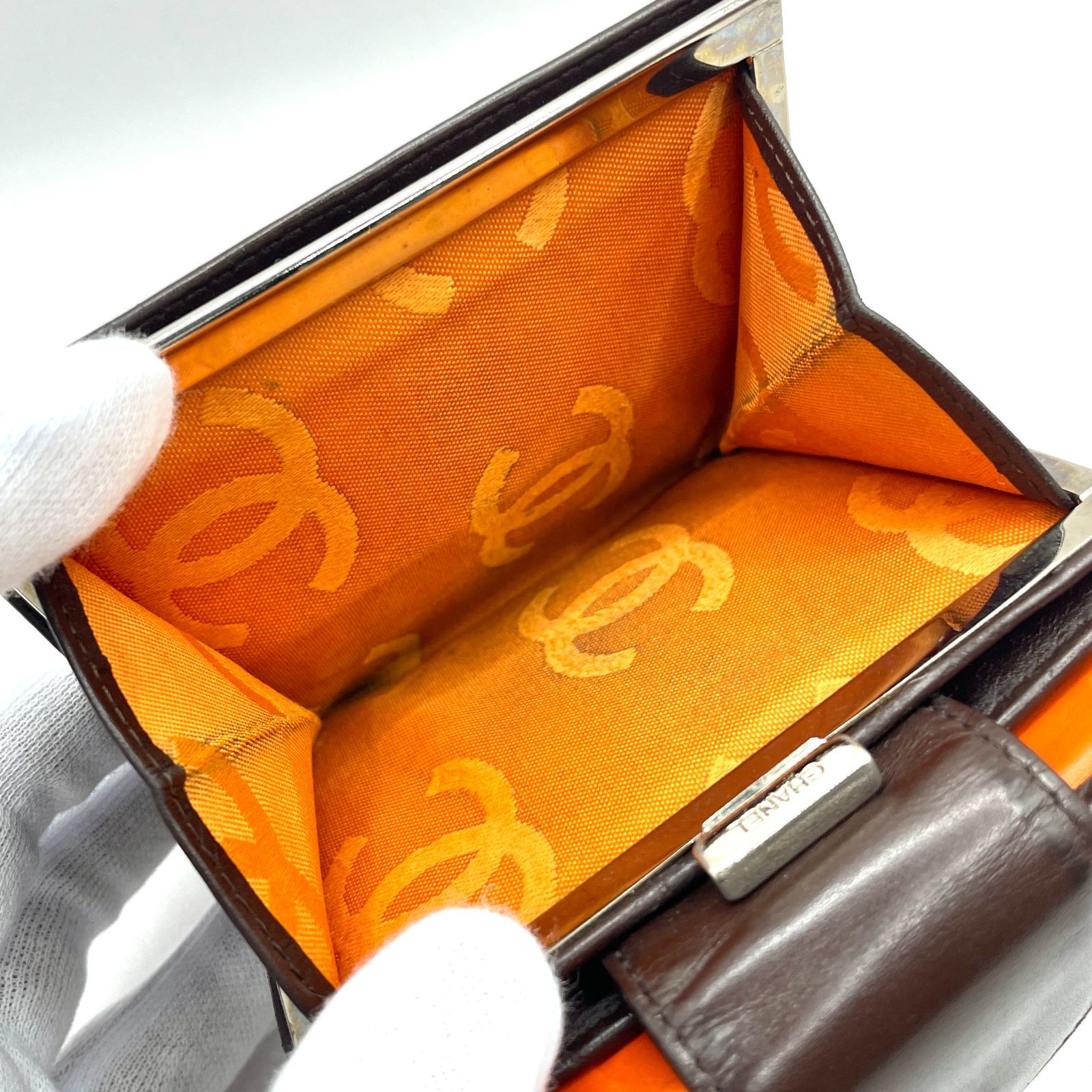 219】CHANEL/シャネル カンボンライン ラムスキン がま口 コンパクト  