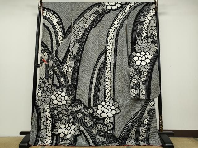 平和屋着物●豪華振袖 総絞り 流線花文 黒地 正絹 CAAY4880ut