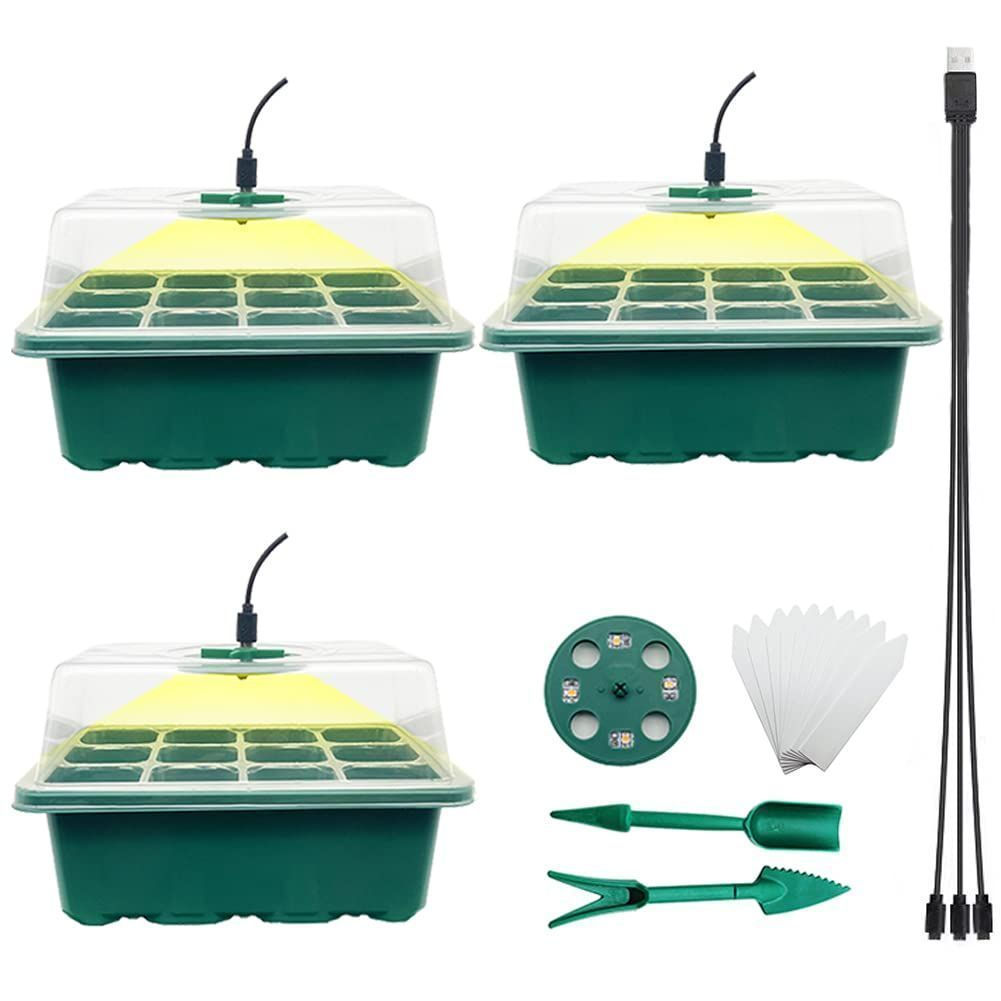 【新着商品】育苗ポット植物育成ライト付き 3個セット 育苗トレイ 育苗箱 12穴 種子トレイ 発芽育苗セット 種まきハウス 苗箱 種まき器 育苗ボックス 透明カバー 便利性 耐久性 通気性 野菜