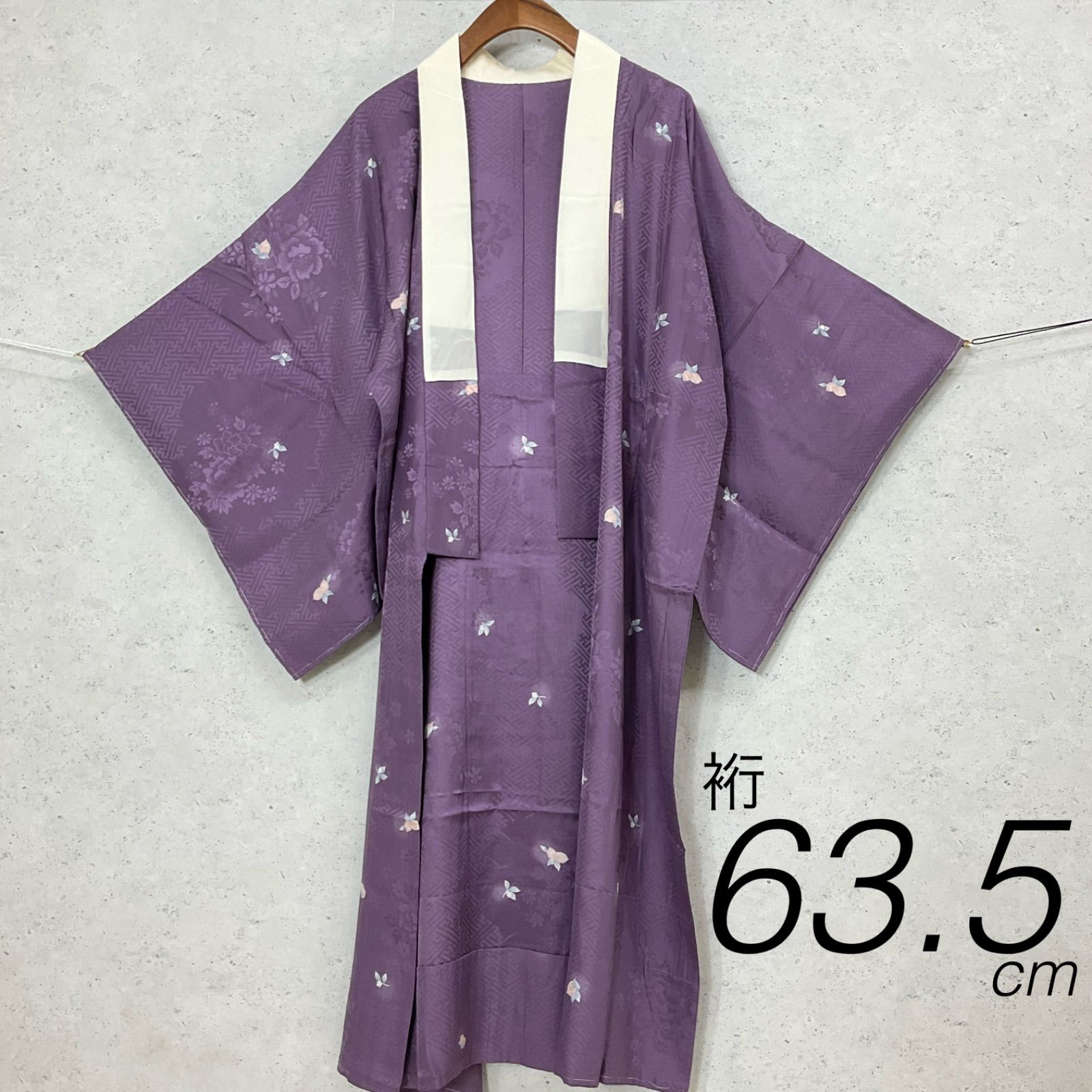 kimono+one◆未使用同然◆長襦袢◆仕付け糸付き◆単衣◆居敷当て付き◆白半衿付◆紫◆裄63.5肩丈121◆小紋紬附下訪問着留袖袷単衣夏着物◆K1153