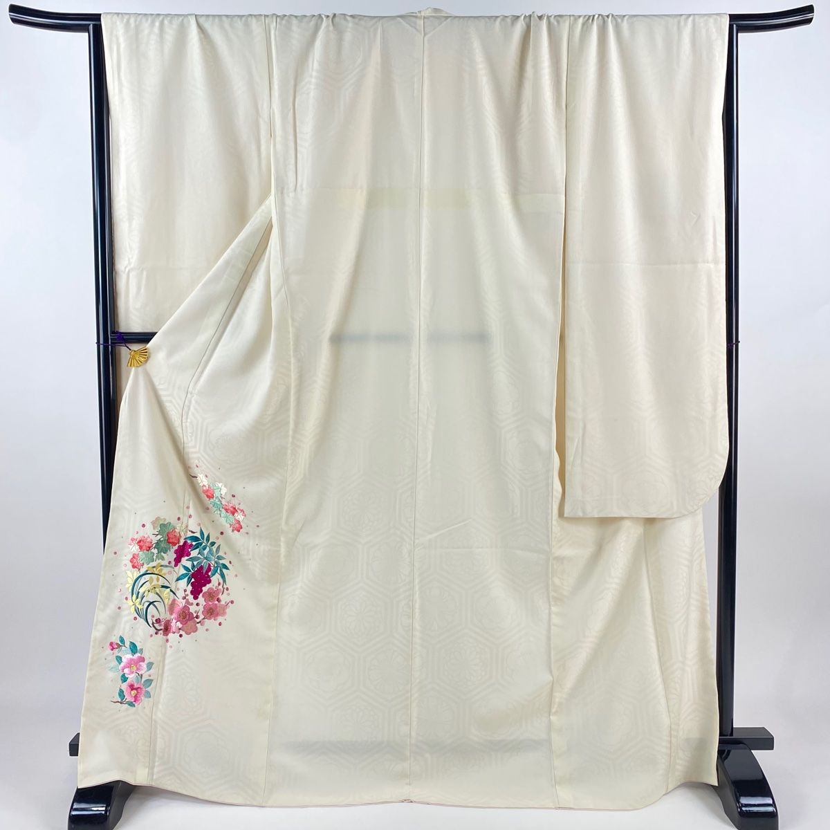 振袖 身丈170cm 裄丈67.5cm L 袷 洗える着物 御所車 草花 金彩 緑 化繊 秀品 中古