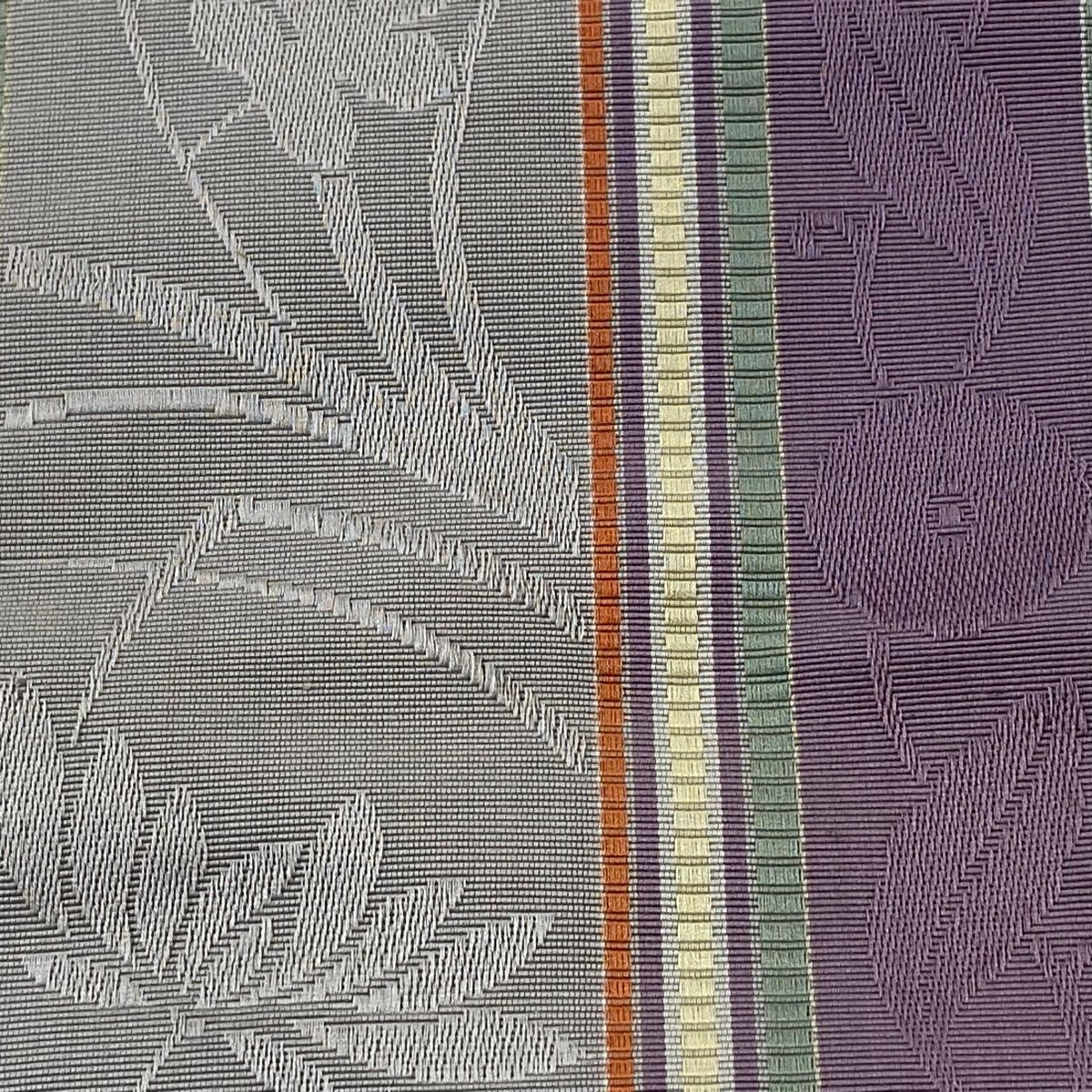 半幅帯 秀品 証紙 博多織 縞 草花 灰色 正絹