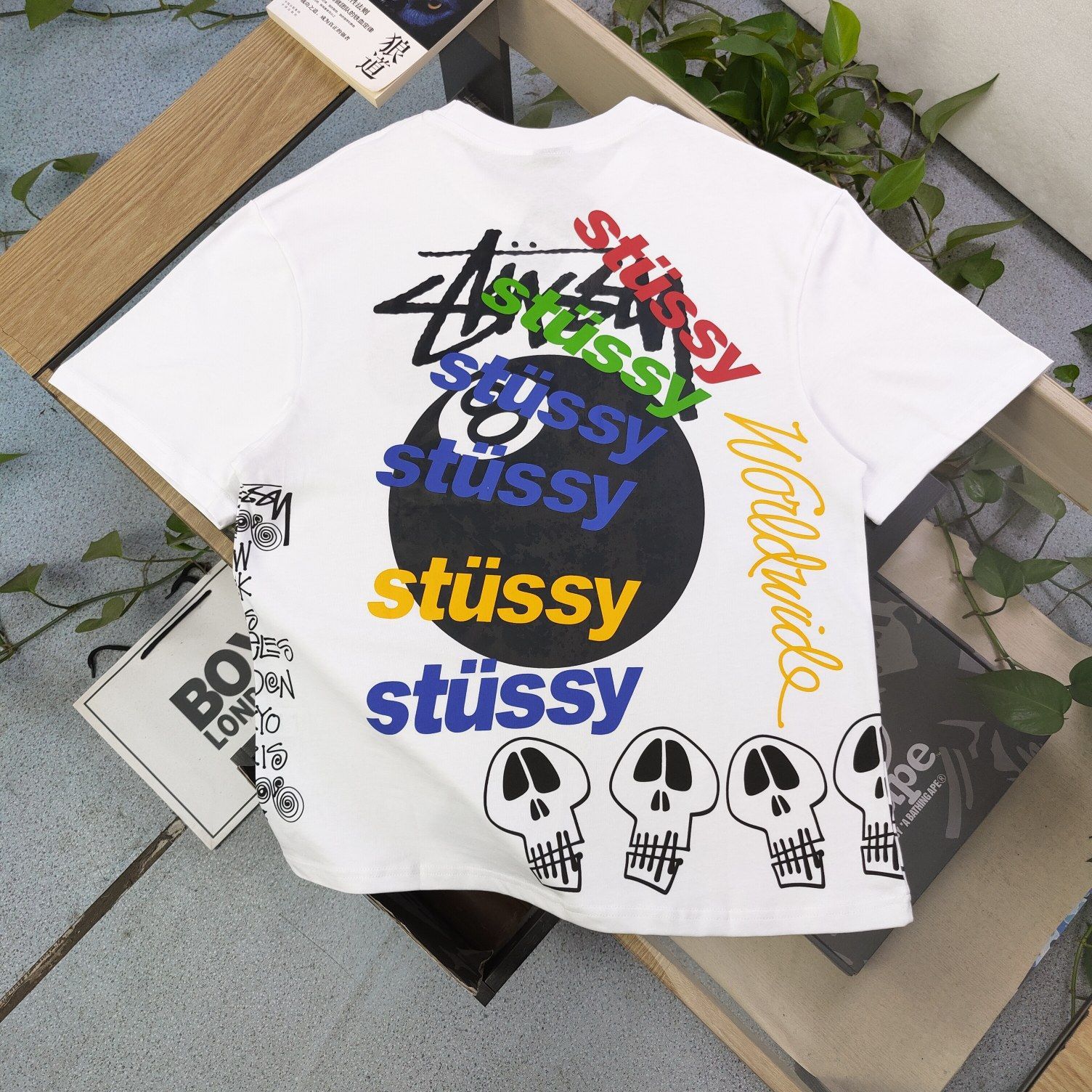 Stussy ファッション 8 ビリヤード スカル カラフル モノグラム ロゴ プリント 半袖 Tシャツ